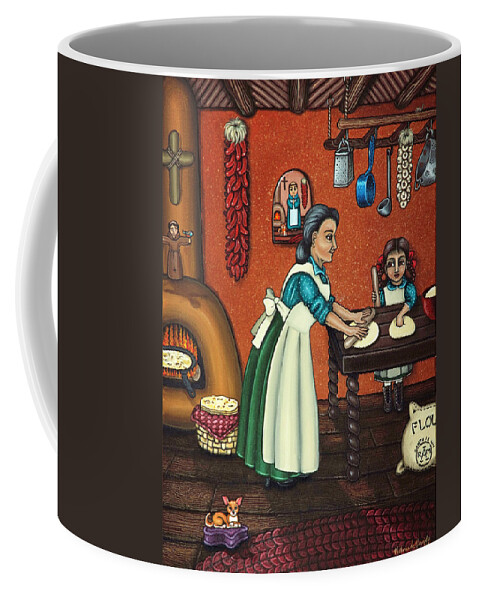 Folk Art Coffee Mug featuring the painting The Lesson or Making Tortillas by Victoria De Almeida