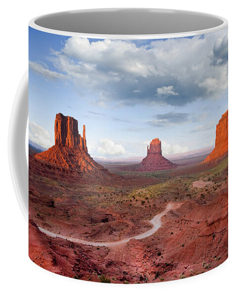 Arizona Coffee Mug featuring the photograph The Mittens and Merrick Butte at Sunset by Jeff Goulden