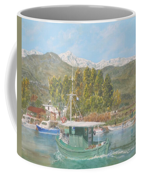 Greece Coffee Mug featuring the painting The morning catch returns to Georgioupoli Crete by David Capon