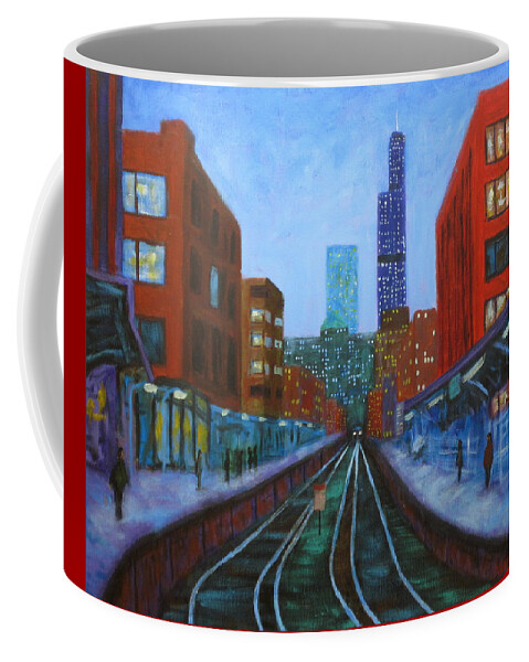Chicago Art Coffee Mug featuring the painting The Next Train by J Loren Reedy