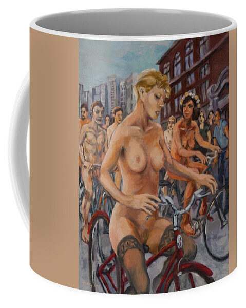 Girl Coffee Mug featuring the painting Bridget with naked riders in suburban street. by Peregrine Roskilly