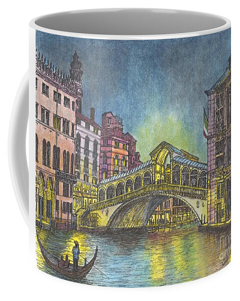 Light Reflections Coffee Mug featuring the mixed media Relections of Light and the Rialto Bridge An Evening in Venice by Carol Wisniewski