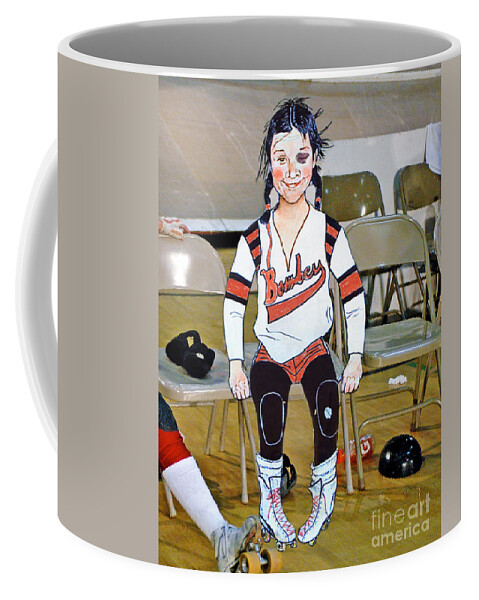 The Roller Derby Girl With A Black Eye Coffee Mug featuring the digital art The Roller Derby Girl with a Black Eye by Jim Fitzpatrick