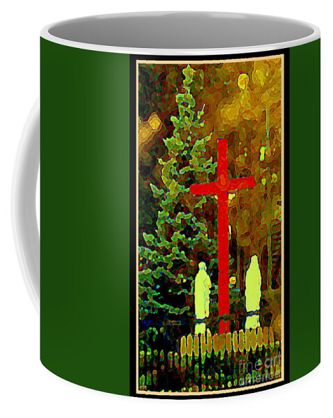  Coffee Mug featuring the painting The Single Cross - A Simple Shrine Notre Dame De Lourdes - Red Cross At The Grotto - Carole Spandau by Carole Spandau
