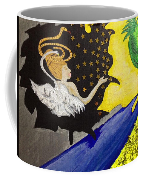 Fluorescent Colors Coffee Mug featuring the painting The Tailed Flower the Kiwi and the bad snake by Tania Stefania Katzouraki