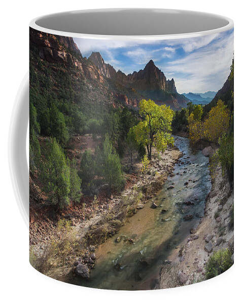  Zion; Zion National Park; Canyon; Clouds; River; Sunset; Trees; Virgin River; Utah Coffee Mug featuring the photograph The Watchman in Zion National Park by Larry Marshall