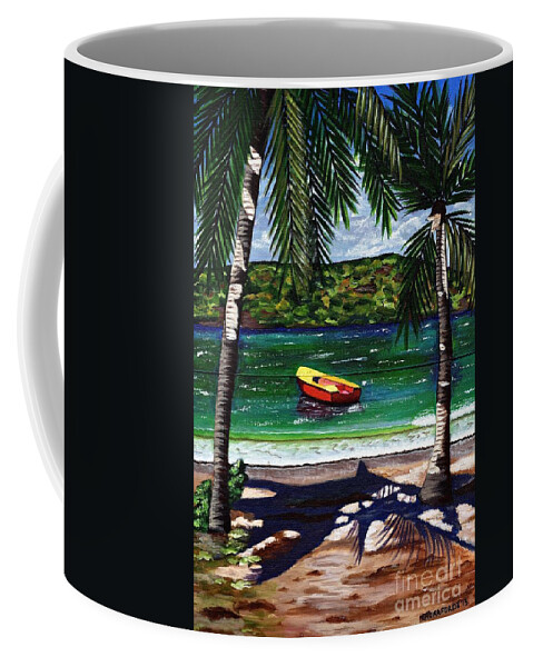 Seascape Coffee Mug featuring the painting The Yellow and Red Boat by Laura Forde