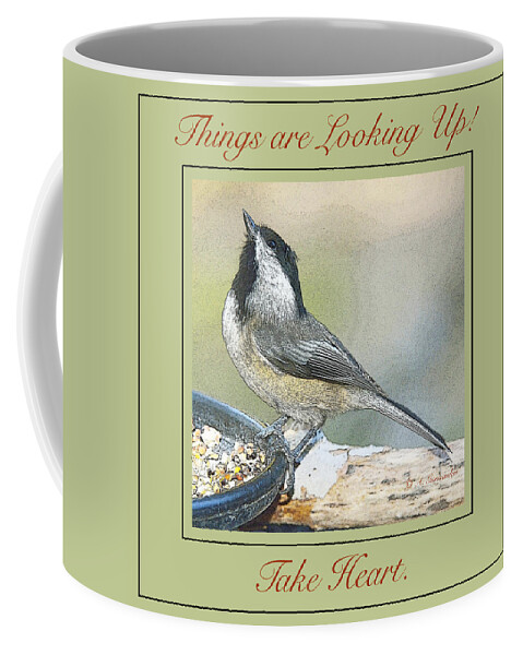 Words Coffee Mug featuring the photograph Things are Looking Up Chickadee Print by A Macarthur Gurmankin
