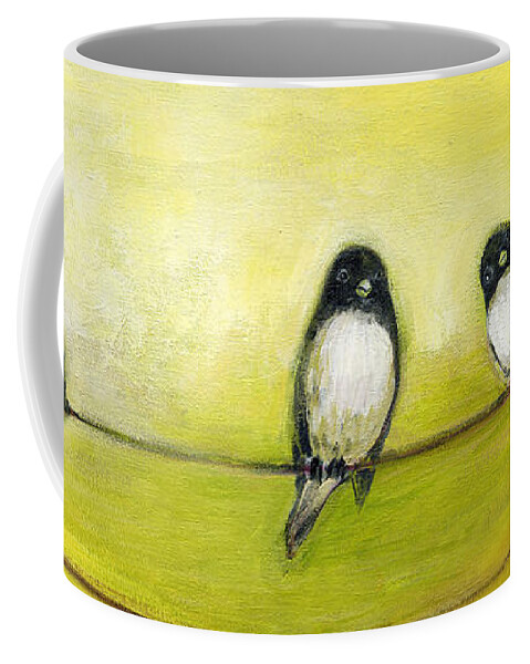 Bird Coffee Mug featuring the painting Three Birds on a Wire No 2 by Jennifer Lommers