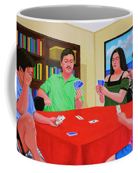 Men Coffee Mug featuring the painting Three Men and a Lady Playing Cards by Cyril Maza