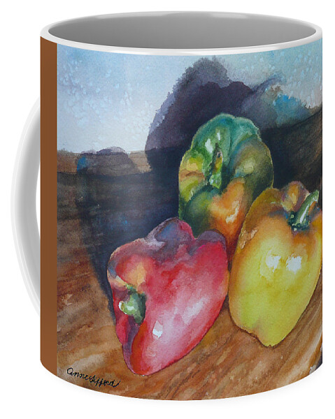 Peppers Painting Coffee Mug featuring the painting Three Peppers by Anne Gifford