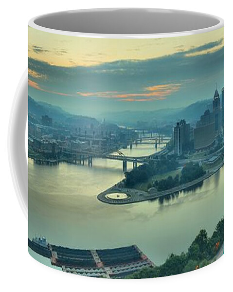 Pittsburgh Panorama Coffee Mug featuring the photograph Three Rivers Morning by Adam Jewell