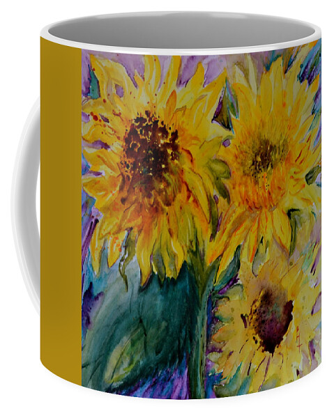 Sunflowers Coffee Mug featuring the painting Three Sunflowers by Beverley Harper Tinsley