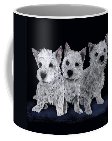 Adorable Coffee Mug featuring the digital art Three Westie Puppies by Debra Baldwin