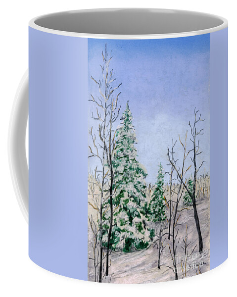 Winter Coffee Mug featuring the pastel Three Winter Evergreens by Ginny Neece