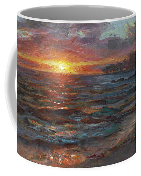 Hawaii Coffee Mug featuring the painting Through The Vog - Hawaii Beach Sunset by K Whitworth
