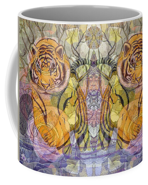 Tiger Spirits In The Garden Of The Buddha Coffee Mug featuring the painting Tiger Spirits in the Garden of the Buddha by Joseph J Stevens