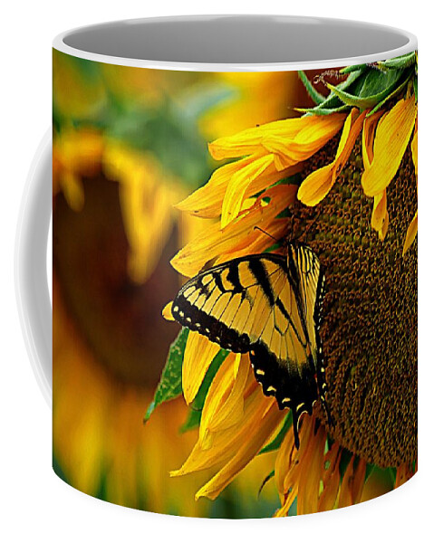 Yellow Butterfly Coffee Mug featuring the photograph Tiger Swallowtail on a Sunflower by Karen McKenzie McAdoo