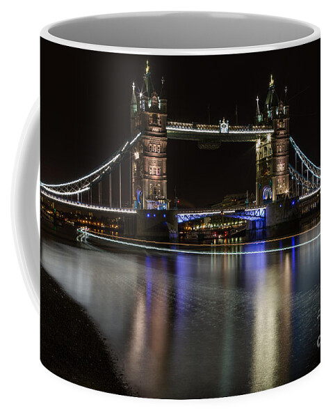 London Coffee Mug featuring the photograph Tower Bridge with Boat Trails by John Daly