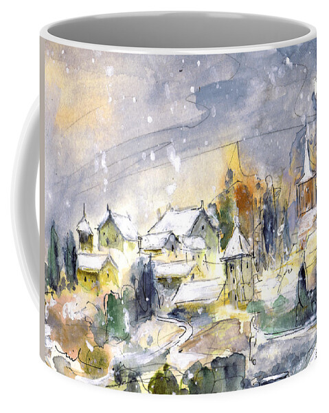 Travel Coffee Mug featuring the painting Town By The Rhine Falls In Switzerland by Miki De Goodaboom