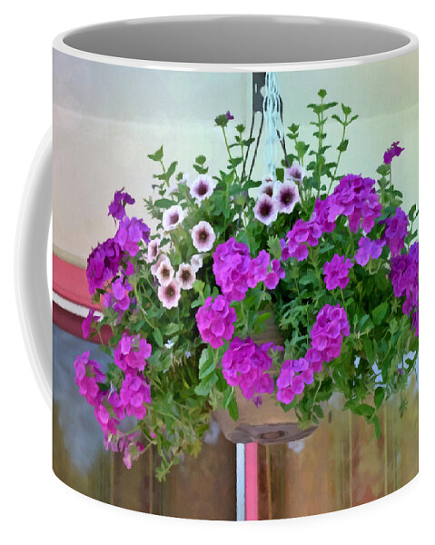 Trailing Petunia Flowers In A Hanging Basket Coffee Mug featuring the painting Trailing petunia flowers in a hanging basket by Jeelan Clark