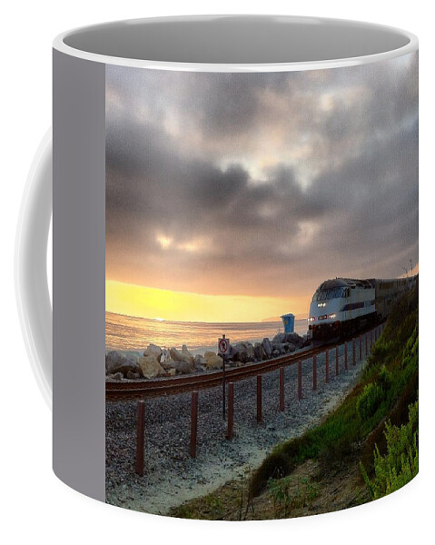 Trainsunset Coffee Mug featuring the photograph Train And Sunset In San Clemente by Paul Carter