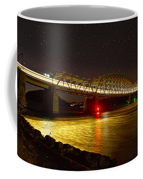 Hawkesbury River Railway Bridge Coffee Mug featuring the photograph Train lights in the night by Miroslava Jurcik