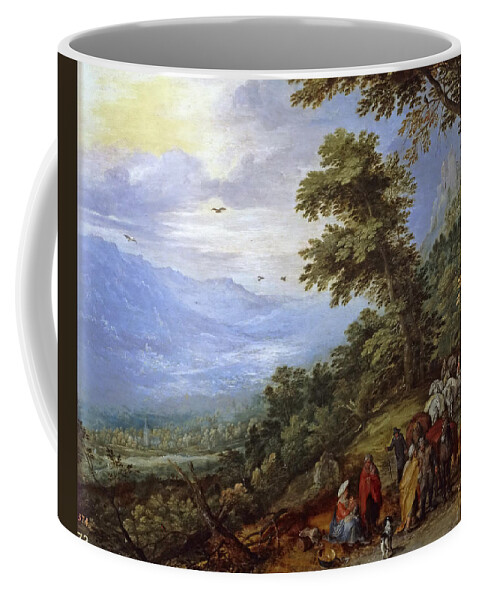 Jan Brueghel The Elder Coffee Mug featuring the painting Travelers Meeting Band of Gypsies on Mountain Pass by Jan Brueghel the Elder