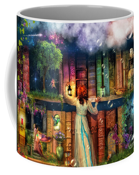 Fairytale Coffee Mug featuring the digital art Fairytale Treasure Hunt Book Shelf Variant 2 by MGL Meiklejohn Graphics Licensing