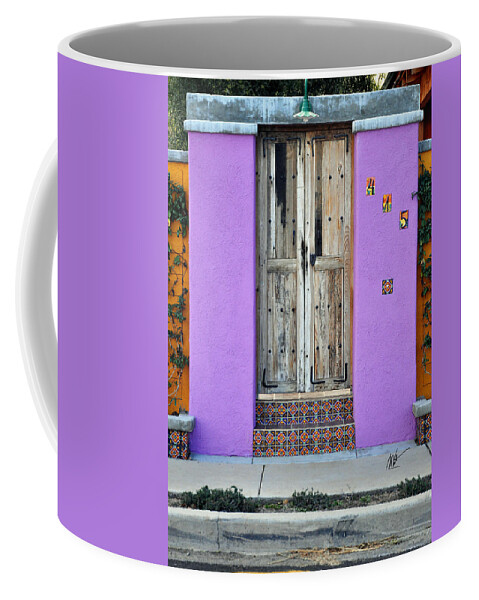 Arizona Coffee Mug featuring the photograph Tucson Barrio Doors - Orange and Purple by Mark Valentine