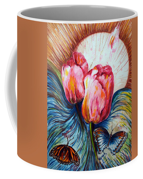Tulips Coffee Mug featuring the painting Tulips and butterflies by Harsh Malik