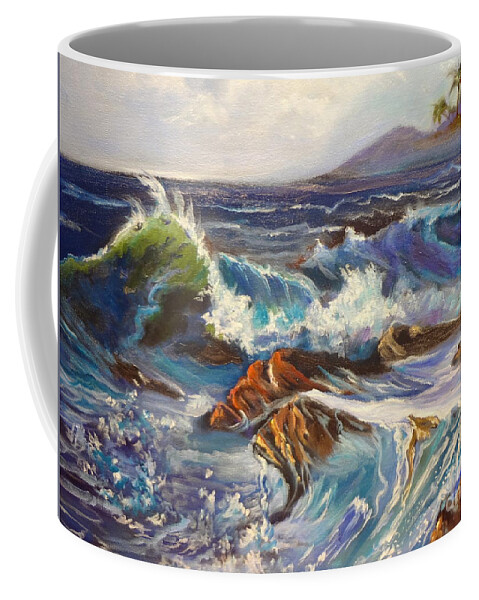 Blue Green Waves Coffee Mug featuring the painting Turbulent Waters Hawaii by Jenny Lee