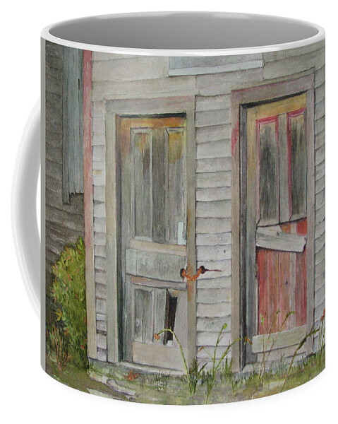 Farm Buildings Coffee Mug featuring the painting Twin Doors by Mary Ellen Mueller Legault