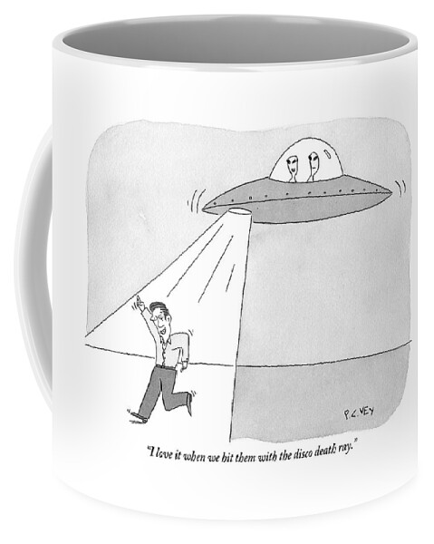 Two Aliens In A Flying Saucer Hit A Man Coffee Mug