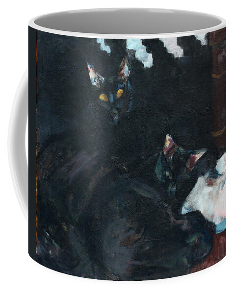 Black Cats Coffee Mug featuring the painting Two Black Cats by Anita Dale Livaditis