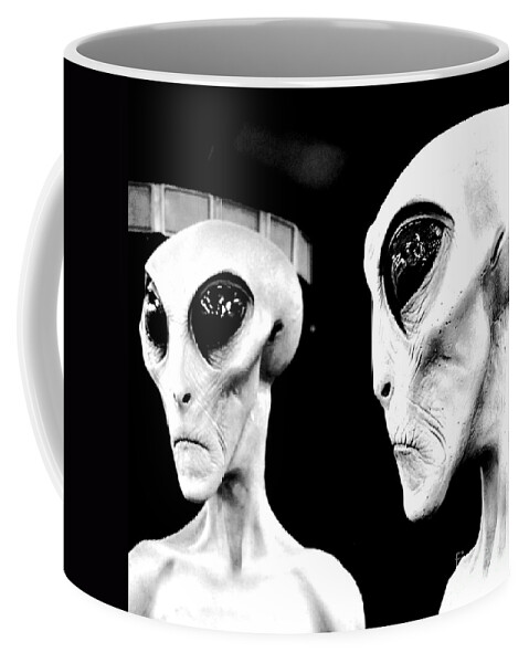 Alien Coffee Mug featuring the digital art Two Grey Aliens Science Fiction Square Format Black and White Conte Crayon Digital Art by Shawn O'Brien