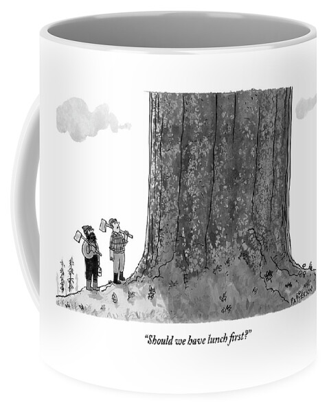 Two Lumberjacks With Axes Stare Up At A Giant Coffee Mug