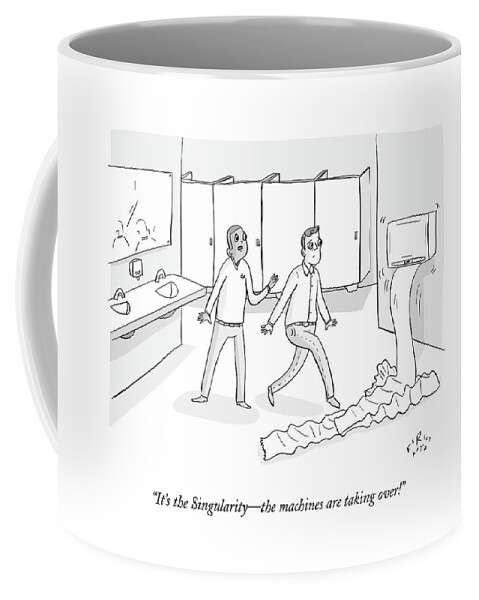 Two Men In The Bathroom Freak Out As A Paper Coffee Mug by Farley