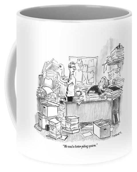 Two People Are In An Office Surrounded By Large Coffee Mug
