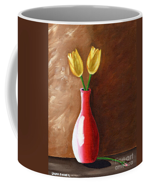 Still Life Coffee Mug featuring the painting Two Tulips and A Pink Rose by Laura Forde