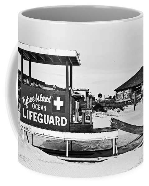 Black & White Coffee Mug featuring the photograph Tybee Island Lifeguard Stand by Melissa Fae Sherbon