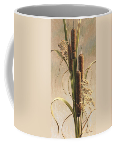 Cattail Coffee Mug featuring the painting Velvety Cattails by Lucie Bilodeau