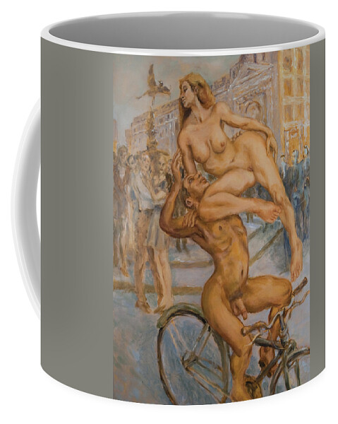 Nudes Coffee Mug featuring the painting Venus and Adonis cycling under Eros by Peregrine Roskilly