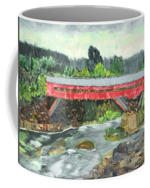 Covered Bridge Vermont Water Stream River Rapids Tree Sky Rock Coffee Mug featuring the painting Vermont Covered Bridge by Michael Daniels