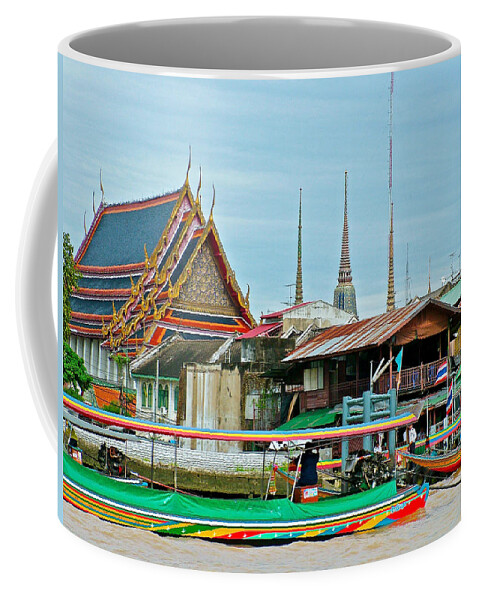 View Of Temple From Waterway In Bangkok Coffee Mug featuring the photograph View of a Temple from Waterway of Bangkok-Thailand by Ruth Hager