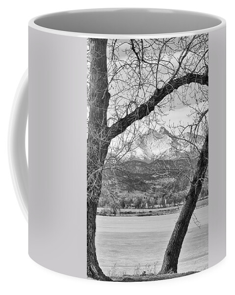 Longs Peak Coffee Mug featuring the photograph View Through The Trees To Longs Peak BW by James BO Insogna