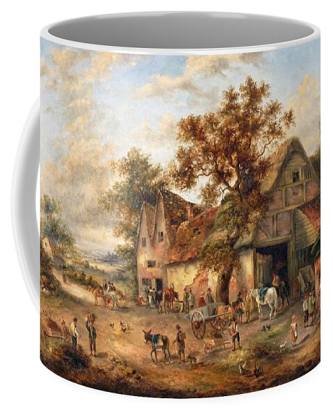 Edward Masters - Village Scene With Figures Before A Stable Coffee Mug featuring the painting Village Scene with figures before a stable by MotionAge Designs