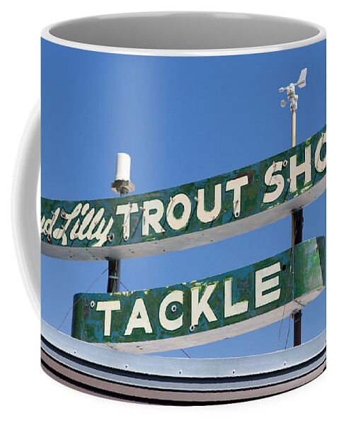 Sign Coffee Mug featuring the photograph Vintage Trout Shop Sign West Yellowstone by Edward Fielding