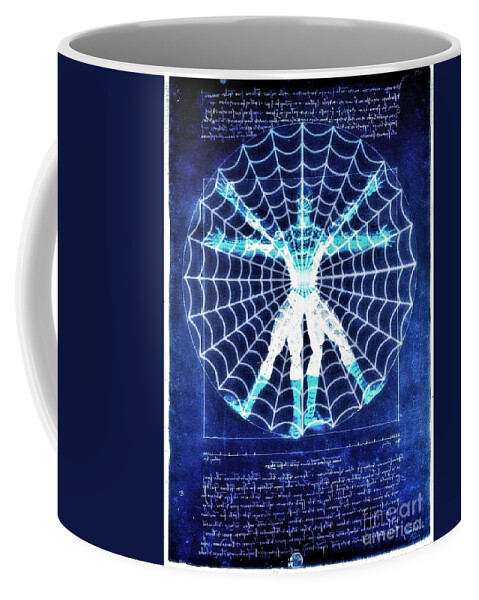 Spider-man Coffee Mug featuring the digital art Vitruvian Spiderman white in the sky by HELGE Art Gallery