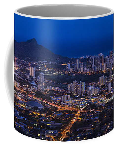 Waikiki Coffee Mug featuring the photograph Waikiki cityscape and Diamond Head dusk panorama by Ken Brown